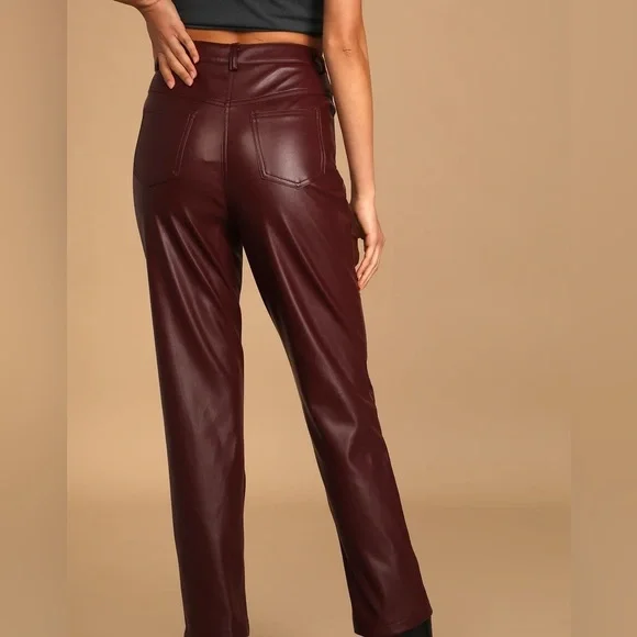 NWT. Lulu’s Burgundy Vegan Leather Straight Leg Pants - Picture 3 of 3